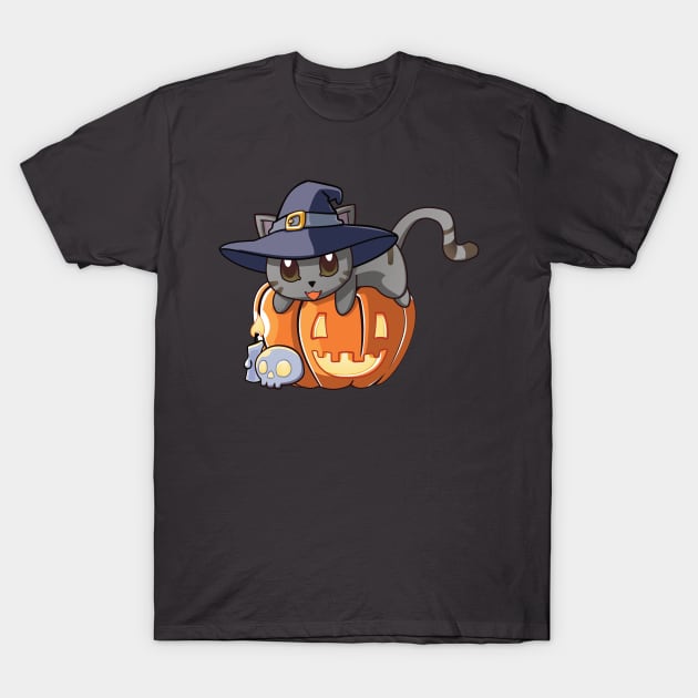 Grey Cat on a Pumpkin T-Shirt by Myanko